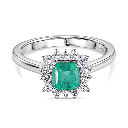 D'Joy AAA Gemfields Zambian Emerald & Lab Grown Diamond Ring in Rhodium Overlay Sterling Silver