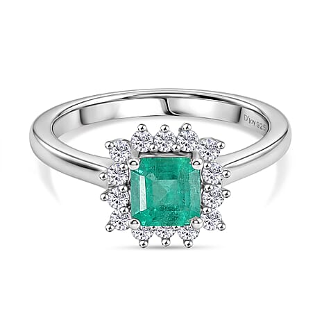 D'Joy AAA Gemfields Zambian Emerald & Lab Grown Diamond Halo Ring in Rhodium Overlay Sterling Silver