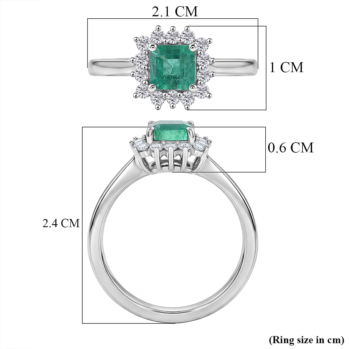 D'Joy AAA Gemfields Zambian Emerald & Lab Grown Diamond Ring in Rhodium Overlay Sterling Silver