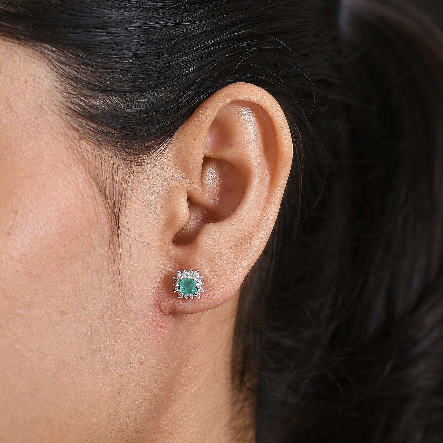 D'Joy AAA Gemfields Zambian Emerald & Lab Grown Diamond Stud Push Back Earring in Rhodium Overlay Sterling Silver 1.00 Ct