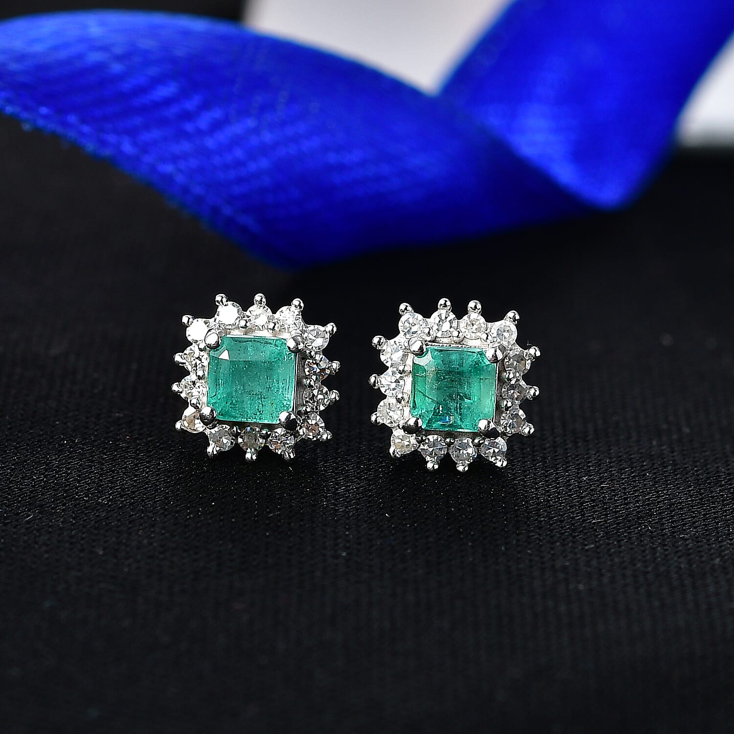 D'Joy AAA Gemfields Zambian Emerald & Lab Grown Diamond Stud Push Back Earring in Rhodium Overlay Sterling Silver 1.00 Ct