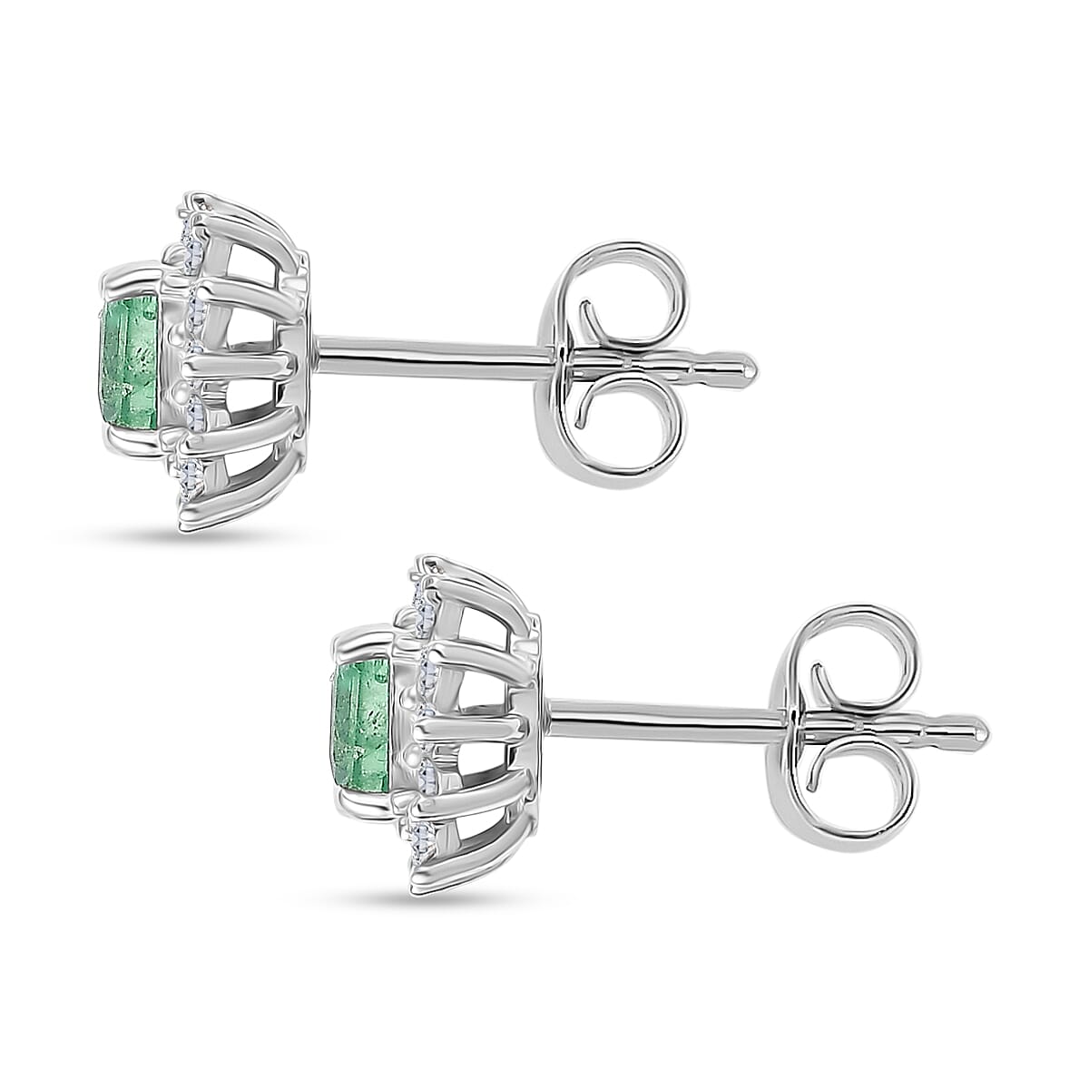 D'Joy AAA Gemfields Zambian Emerald & Lab Grown Diamond Stud Push Back Earring in Rhodium Overlay Sterling Silver 1.00 Ct