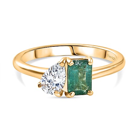 D'Joy AAA Gemfields Zambian Emerald & Moissanite Toi et Moi Ring in 18K Vermeil Yellow Gold Plated Sterling Silver 1.02 Ct.