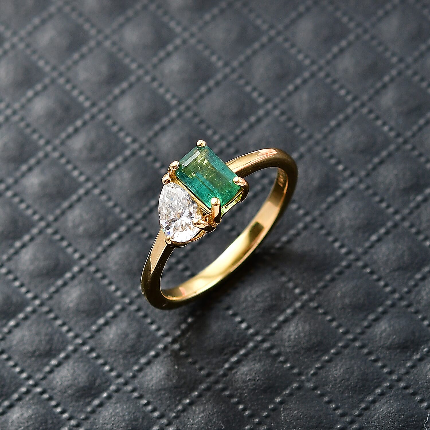 D'Joy AAA Gemfields Zambian Emerald & Moissanite Toi et Moi Ring in 18K Vermeil Yellow Gold Plated Sterling Silver 1.02 Ct.