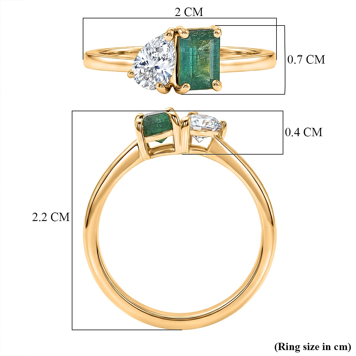D'Joy AAA Gemfields Zambian Emerald & Moissanite Toi et Moi Ring in 18K Vermeil Yellow Gold Plated Sterling Silver 1.02 Ct.