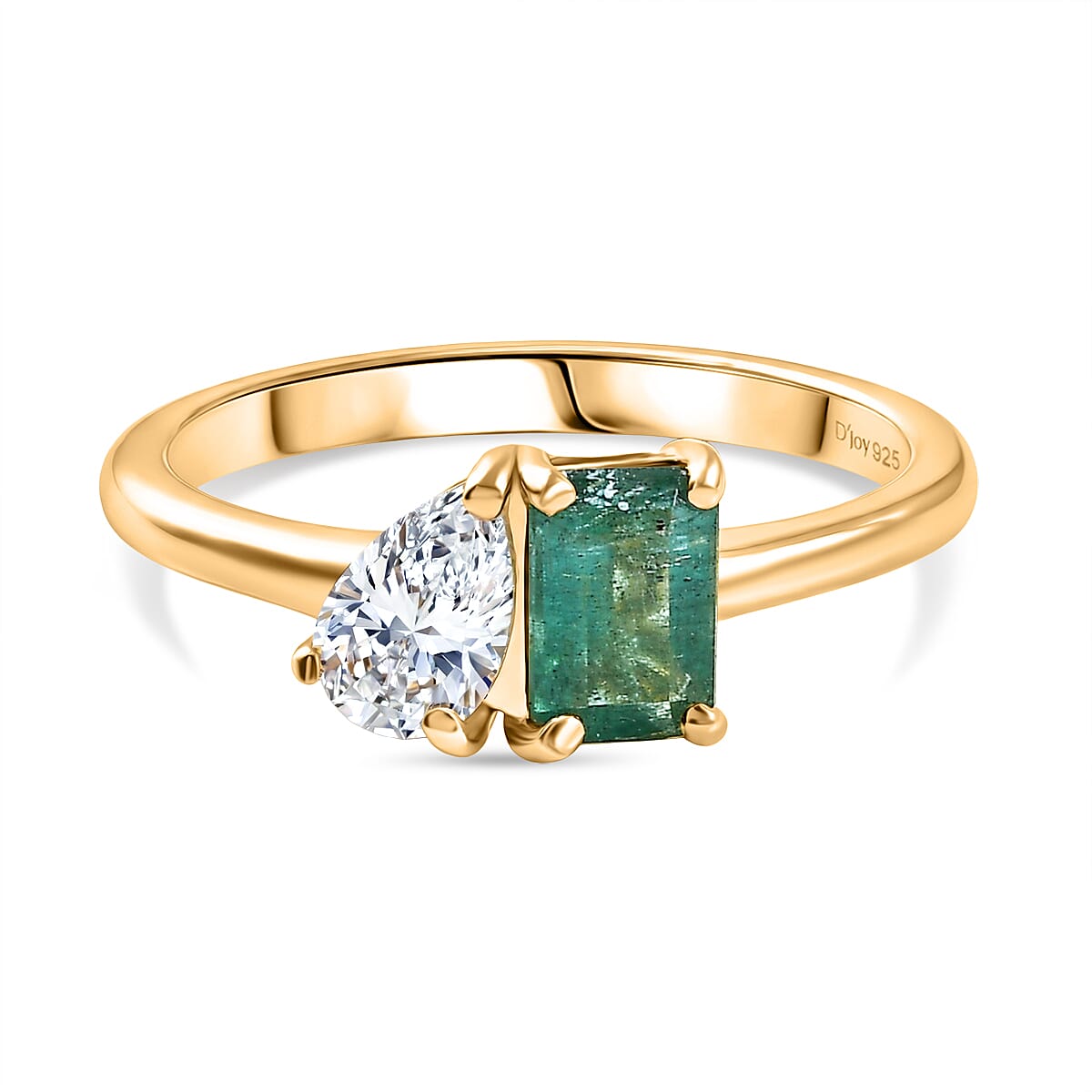 D'Joy AAA Premium Gemfields Zambian Emerald & Moissanite Toi et Moi Ring in 18K Vermeil Yellow Gold Plated Sterling Silver 1.02 Ct.