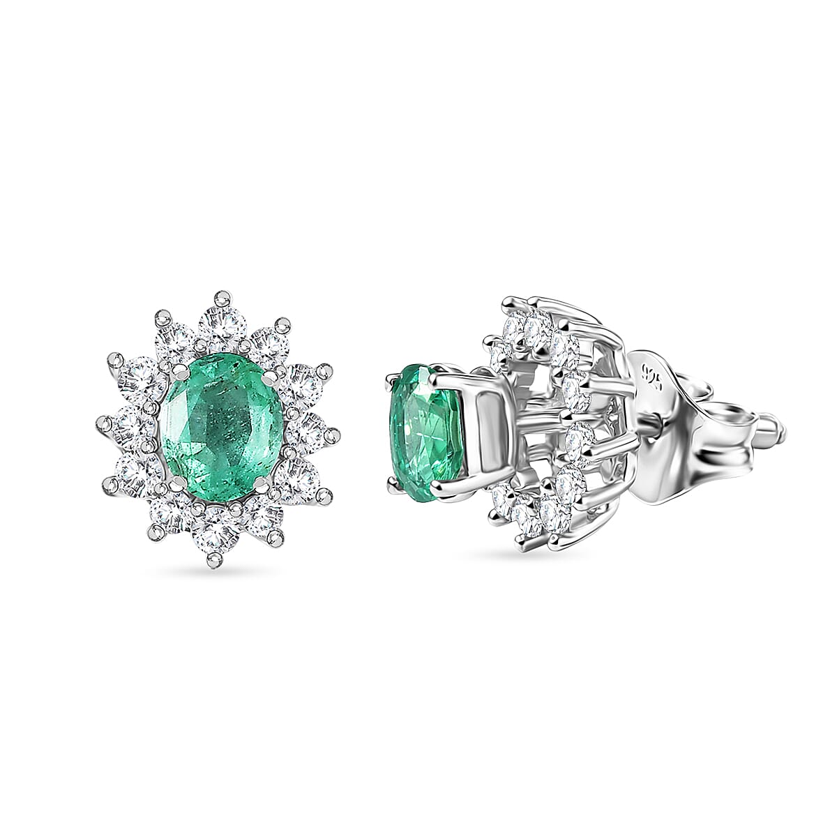 D'Joy AAA Gemfields Zambian Emerald & White Zircon Sunburst Stud Earring with Push Back in Rhodium Overlay Sterling Silver 1.20 Ct.