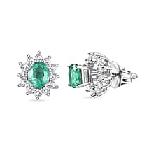D'Joy AAA Premium Gemfields Zambian Emerald & White Zircon Sunburst Stud Earring with Push Back in Rhodium Overlay Sterling Silver 1.20 Ct.