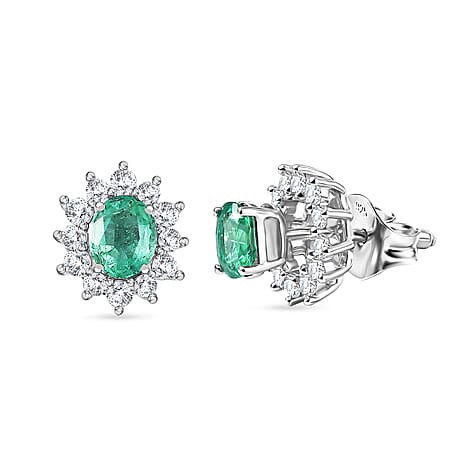 D'Joy AAA Gemfields Zambian Emerald & White Zircon Sunburst Stud Earring with Push Back in Rhodium Overlay Sterling Silver 1.20 Ct.