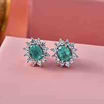 D'Joy AAA Premium Gemfields Zambian Emerald & White Zircon Sunburst Stud Earring with Push Back in Rhodium Overlay Sterling Silver 1.20 Ct.