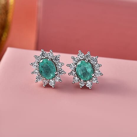 D'Joy AAA Gemfields Zambian Emerald & White Zircon Sunburst Stud Earring with Push Back in Rhodium Overlay Sterling Silver 1.20 Ct.