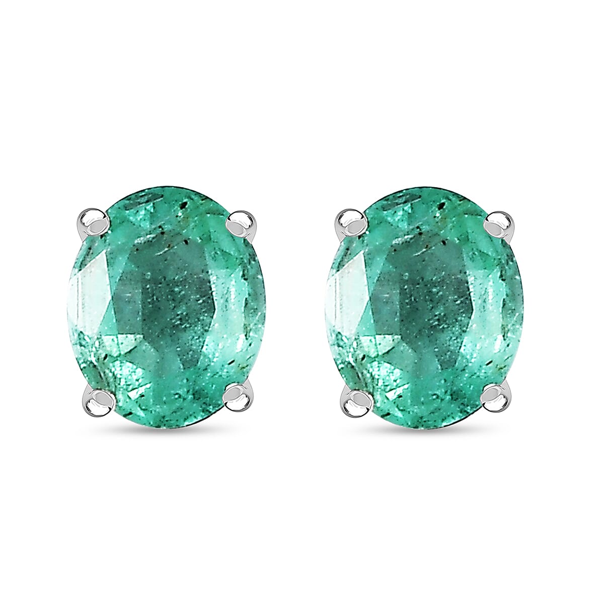 D'Joy AAA Gemfields Zambian Emerald & White Zircon Sunburst Stud Earring with Push Back in Rhodium Overlay Sterling Silver 1.20 Ct.
