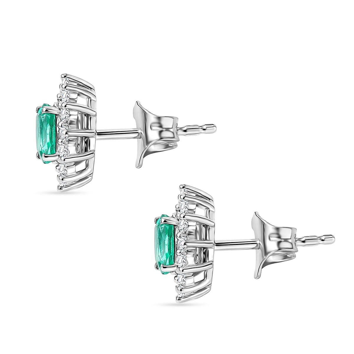 D'Joy AAA Gemfields Zambian Emerald & White Zircon Sunburst Stud Earring with Push Back in Rhodium Overlay Sterling Silver 1.20 Ct.