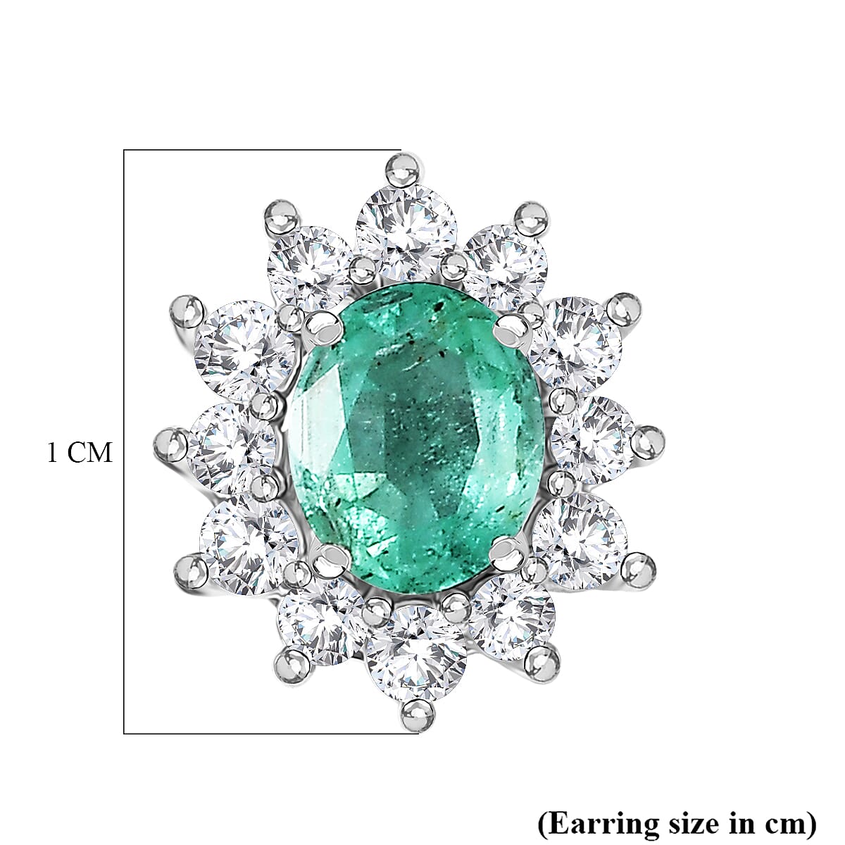 D'Joy AAA Gemfields Zambian Emerald & White Zircon Sunburst Stud Earring with Push Back in Rhodium Overlay Sterling Silver 1.20 Ct.