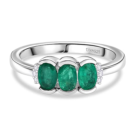 D'Joy AAA Gemfields Zambian Emerald & Lab Grown Diamond Trilogy Ring in Rhodium Overlay Sterling Silver
