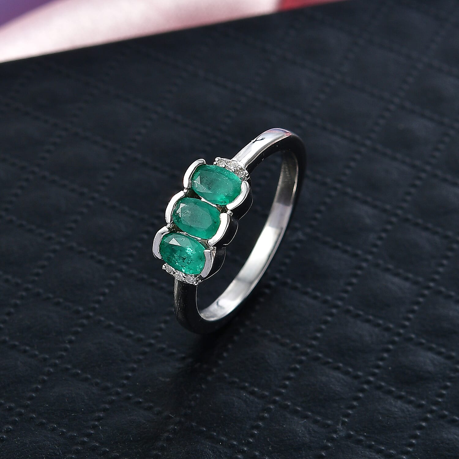 D'Joy AAA Gemfields Zambian Emerald & Lab Grown Diamond Trilogy Ring in Rhodium Overlay Sterling Silver