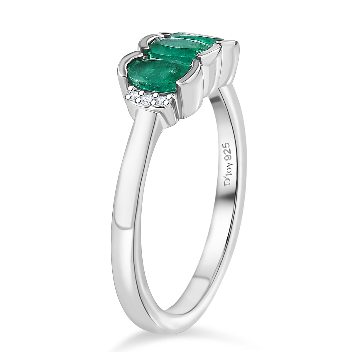 D'Joy AAA Gemfields Zambian Emerald & Lab Grown Diamond Trilogy Ring in Rhodium Overlay Sterling Silver