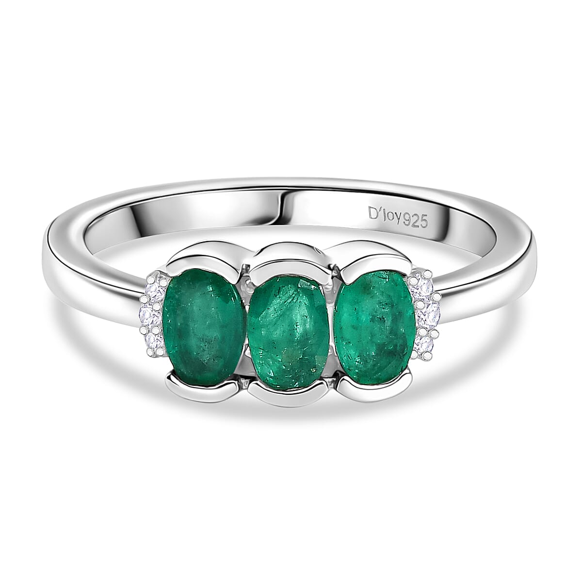 D'Joy AAA Premium Gemfields Zambian Emerald & Lab Grown Diamond Trilogy Ring in Rhodium Overlay Sterling Silver