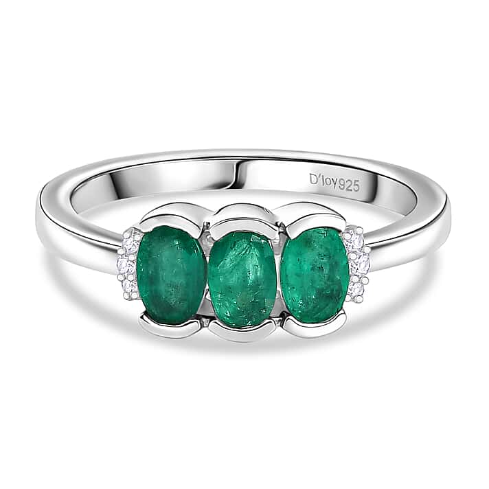 D'Joy AAA Premium Gemfields Zambian Emerald & Lab Grown Diamond Trilogy Ring in Rhodium Overlay Sterling Silver