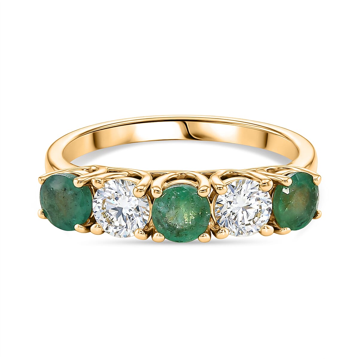 Luxuriant AAA Gemfields Zambian Emerald & SI-GH Lab Grown Diamond 5 Stone Ring in 18K Vermeil Yellow Gold Plated Sterling Silver 1.25 Ct.