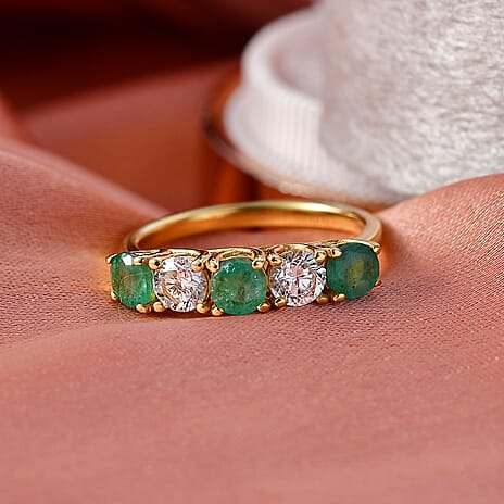Luxuriant AAA Gemfields Zambian Emerald & SI-GH Lab Grown Diamond 5 Stone Ring in 18K Vermeil Yellow Gold Plated Sterling Silver 1.25 Ct.