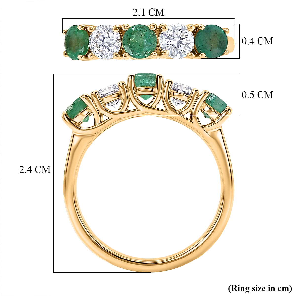 Luxuriant AAA Gemfields Zambian Emerald & SI-GH Lab Grown Diamond 5 Stone Ring in 18K Vermeil Yellow Gold Plated Sterling Silver 1.25 Ct.