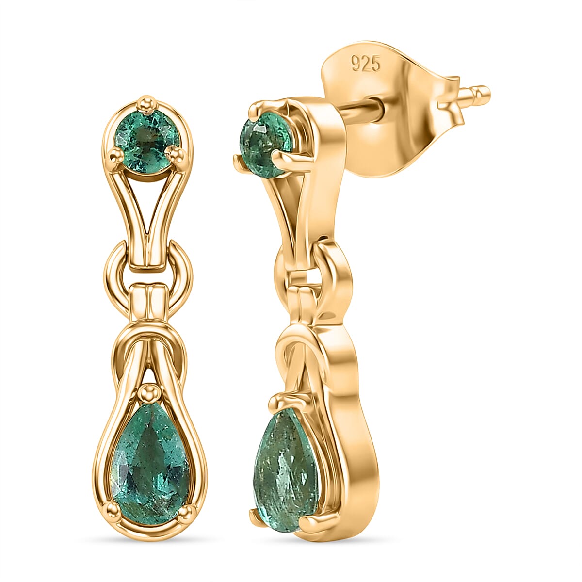 D'Joy AAA Gemfields Zambian Emerald Dangling Earring with Push Back in 18K Vermeil Yellow Gold Plated Sterling Silver