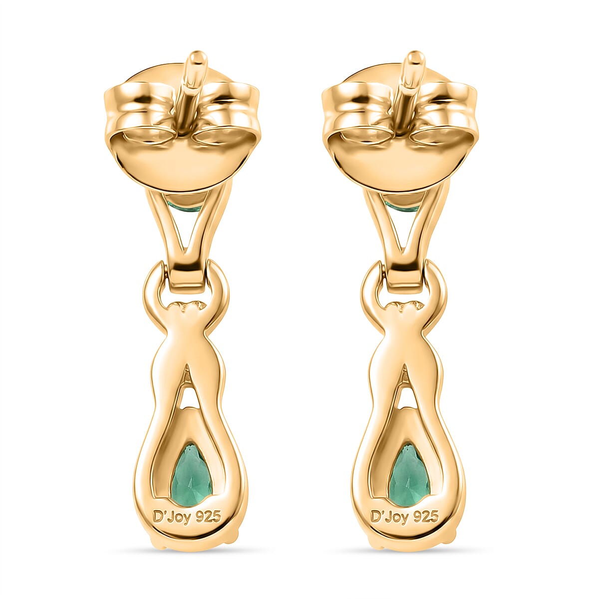 D'Joy AAA Gemfields Zambian Emerald Dangling Earring with Push Back in 18K Vermeil Yellow Gold Plated Sterling Silver