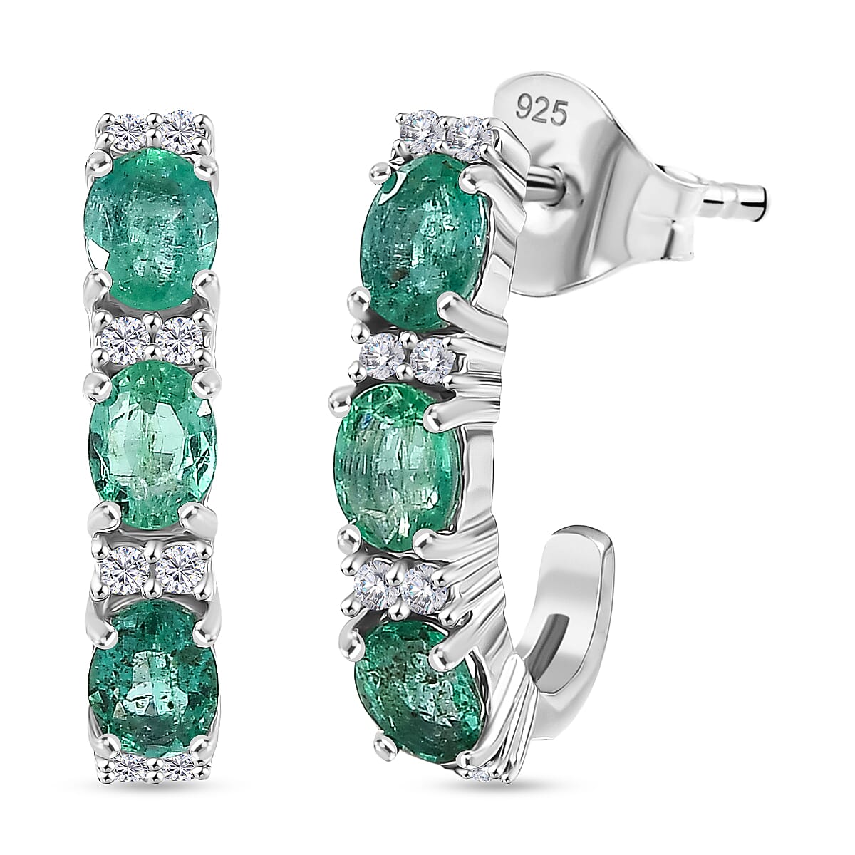 D'Joy AAA Gemfields Zambian Emerald & White Zircon Half Hoop Earring with Push Back in Rhodium Overlay Sterling Silver 1.21 Ct.