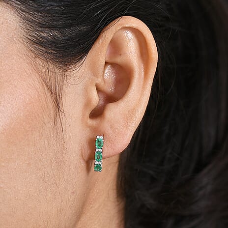 D'Joy AAA Gemfields Zambian Emerald & White Zircon Half Hoop Earring with Push Back in Rhodium Overlay Sterling Silver 1.21 Ct.