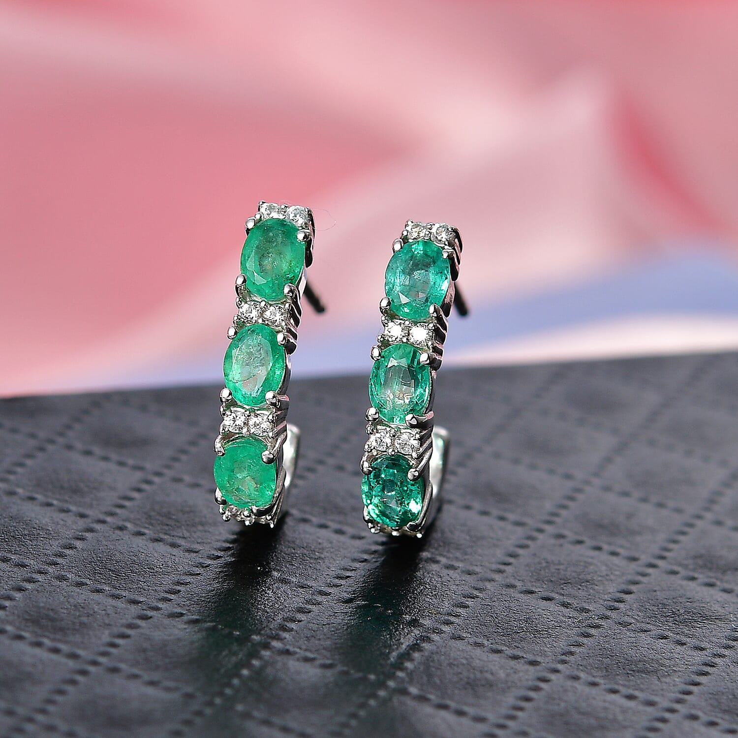 D'Joy AAA Gemfields Zambian Emerald & White Zircon Half Hoop Earring with Push Back in Rhodium Overlay Sterling Silver 1.21 Ct.