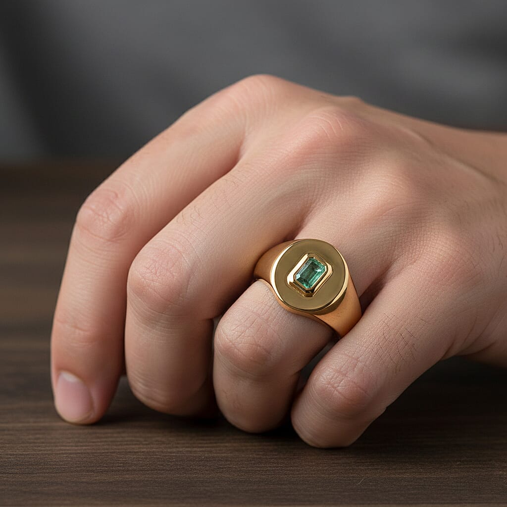 D'Joy AAA Zambian Emerald SIGNET Ring in 18K Vermeil Sterling Silver.