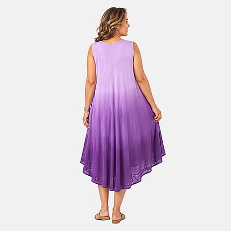 La Marey Ombre Tie Dye Umbrella Dress with Embroidered Neck & Hem (One Size, 10-22) - Purple