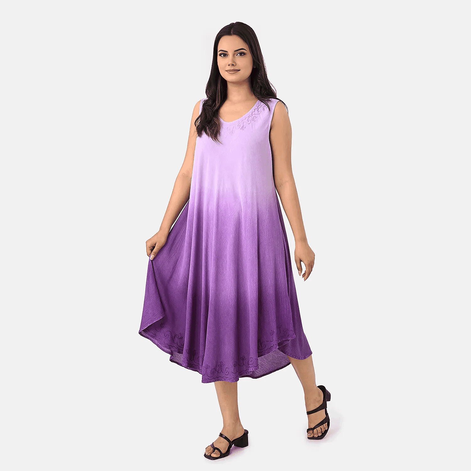 La Marey Ombre Tie Dye Umbrella Dress with Embroidered Neck & Hem (One Size, 10-22) - Purple