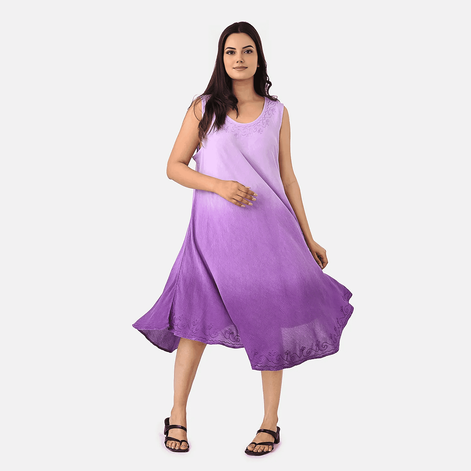 La Marey Ombre Tie Dye Umbrella Dress with Embroidered Neck & Hem (One Size, 10-22) - Purple