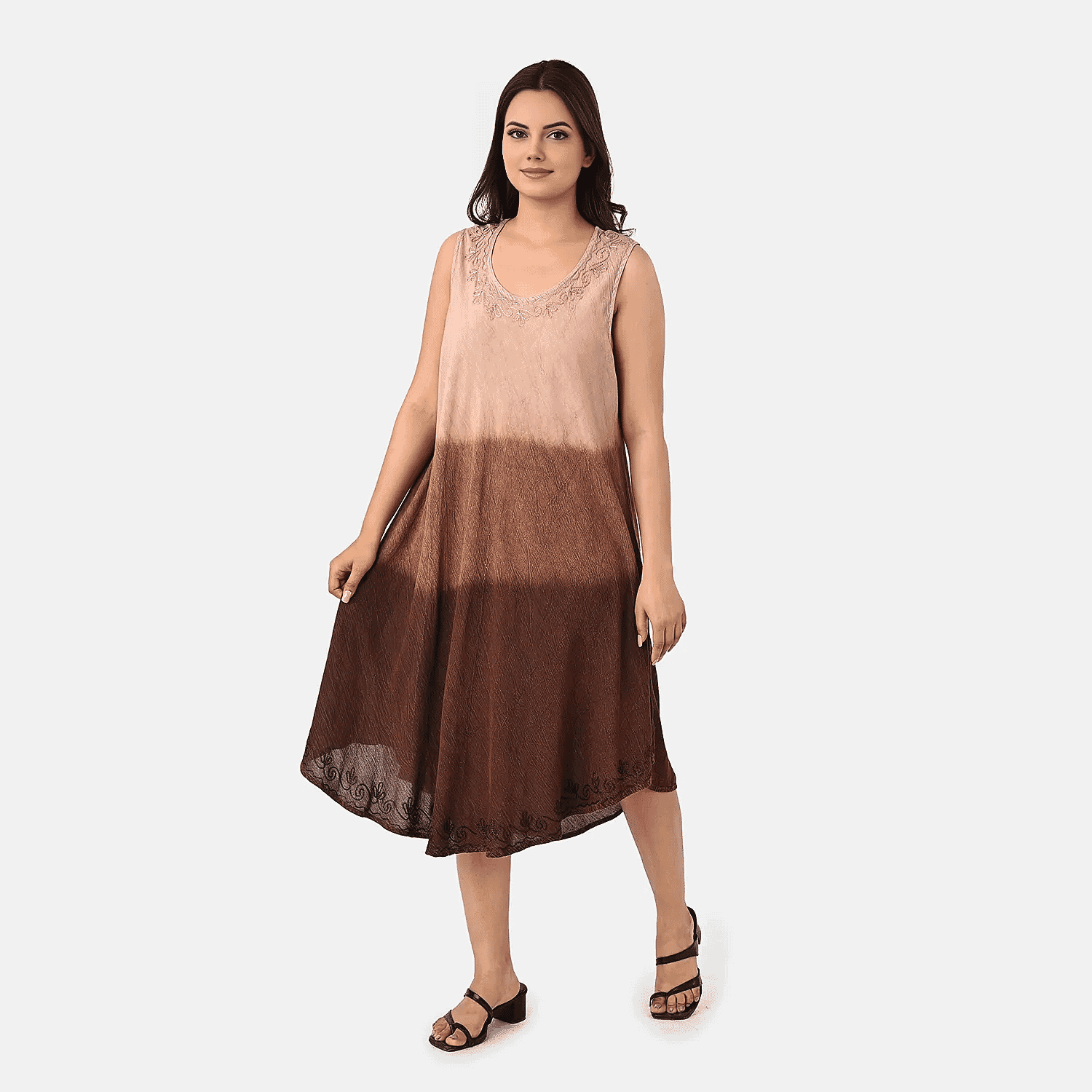 La Marey Ombre Tie Dye Umbrella Dress with Embroidered Neck & Hem (One Size, 10-22) - Chocolate