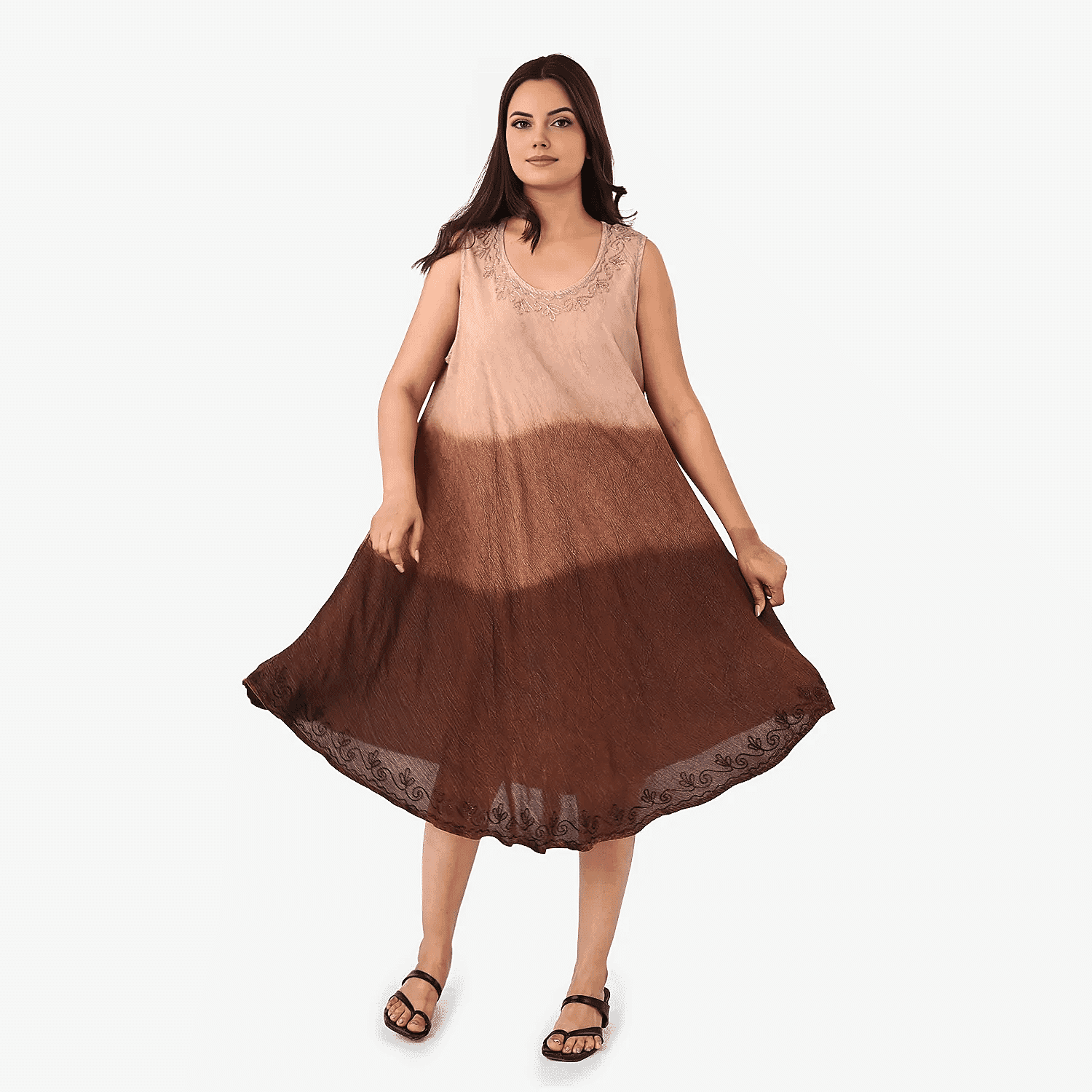 La Marey Ombre Tie Dye Umbrella Dress with Embroidered Neck & Hem (One Size, 10-22) - Chocolate