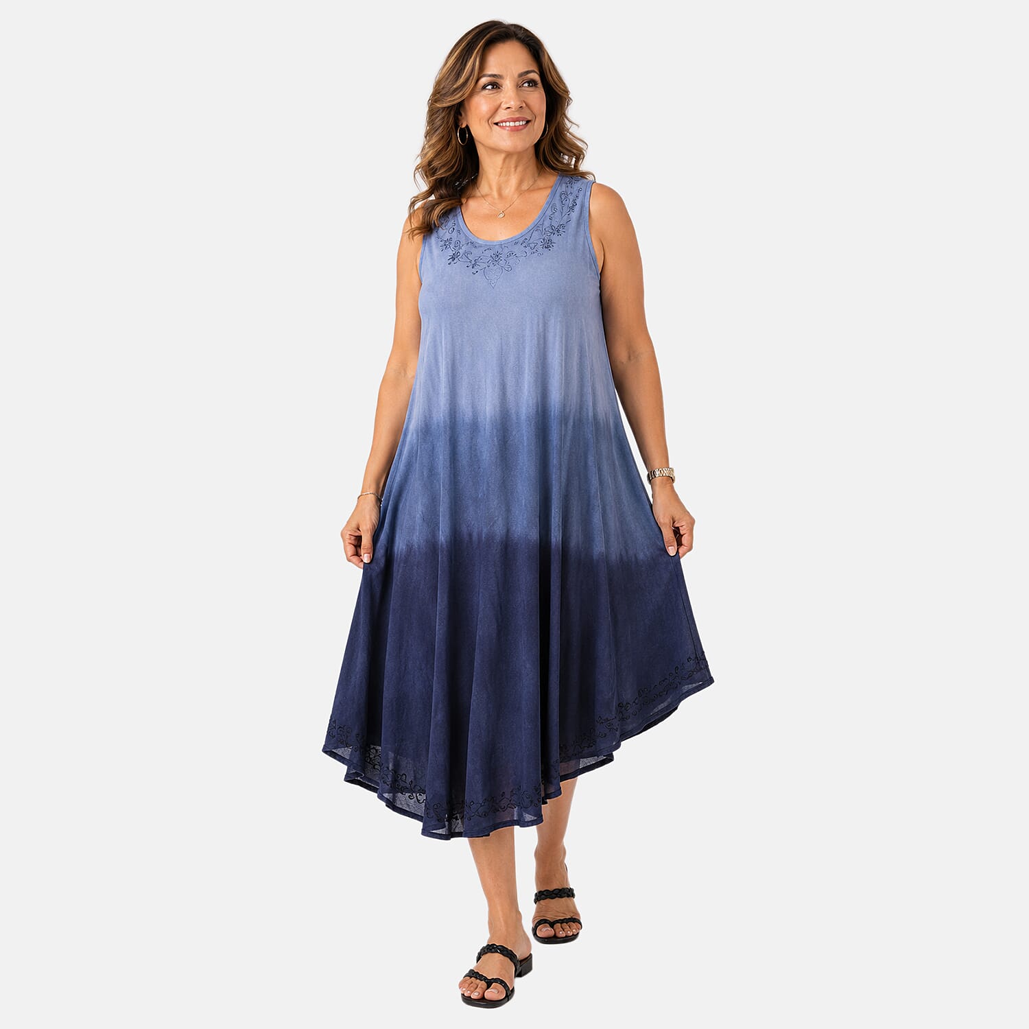 La Marey Ombre Tie Dye Umbrella Dress with Embroidered Neck & Hem (One Size, 10-22) - Blue