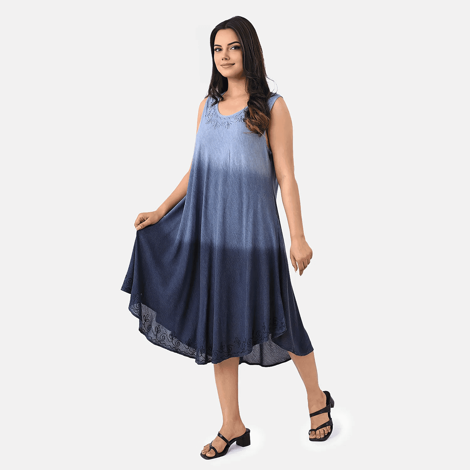 La Marey Ombre Tie Dye Umbrella Dress with Embroidered Neck & Hem (One Size, 10-22) - Blue