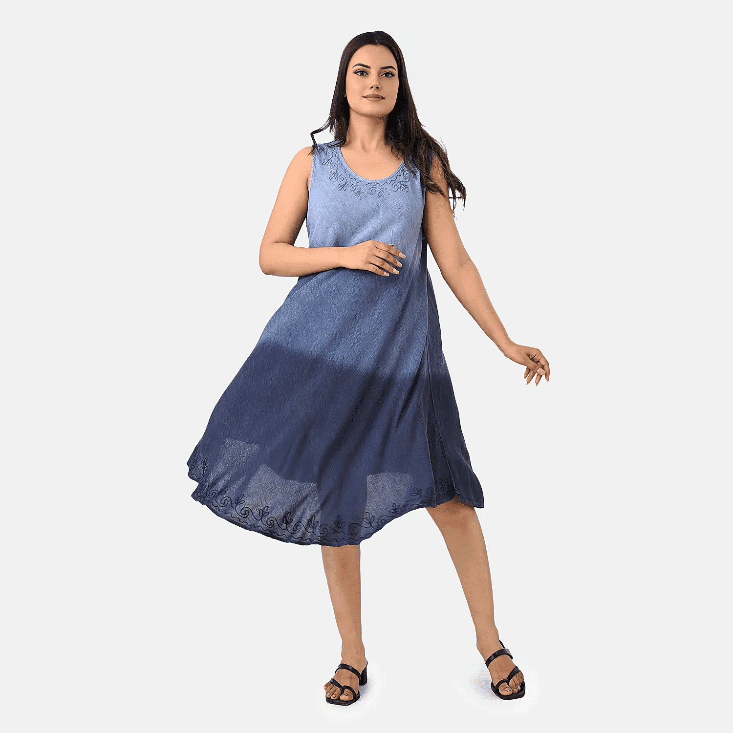 La Marey Ombre Tie Dye Umbrella Dress with Embroidered Neck & Hem (One Size, 10-22) - Blue