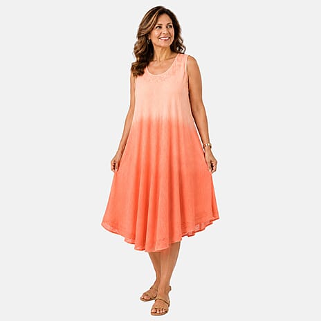 La Marey Ombre Tie Dye Umbrella Dress with Embroidered Neck & Hem (One Size, 10-22) - Coral