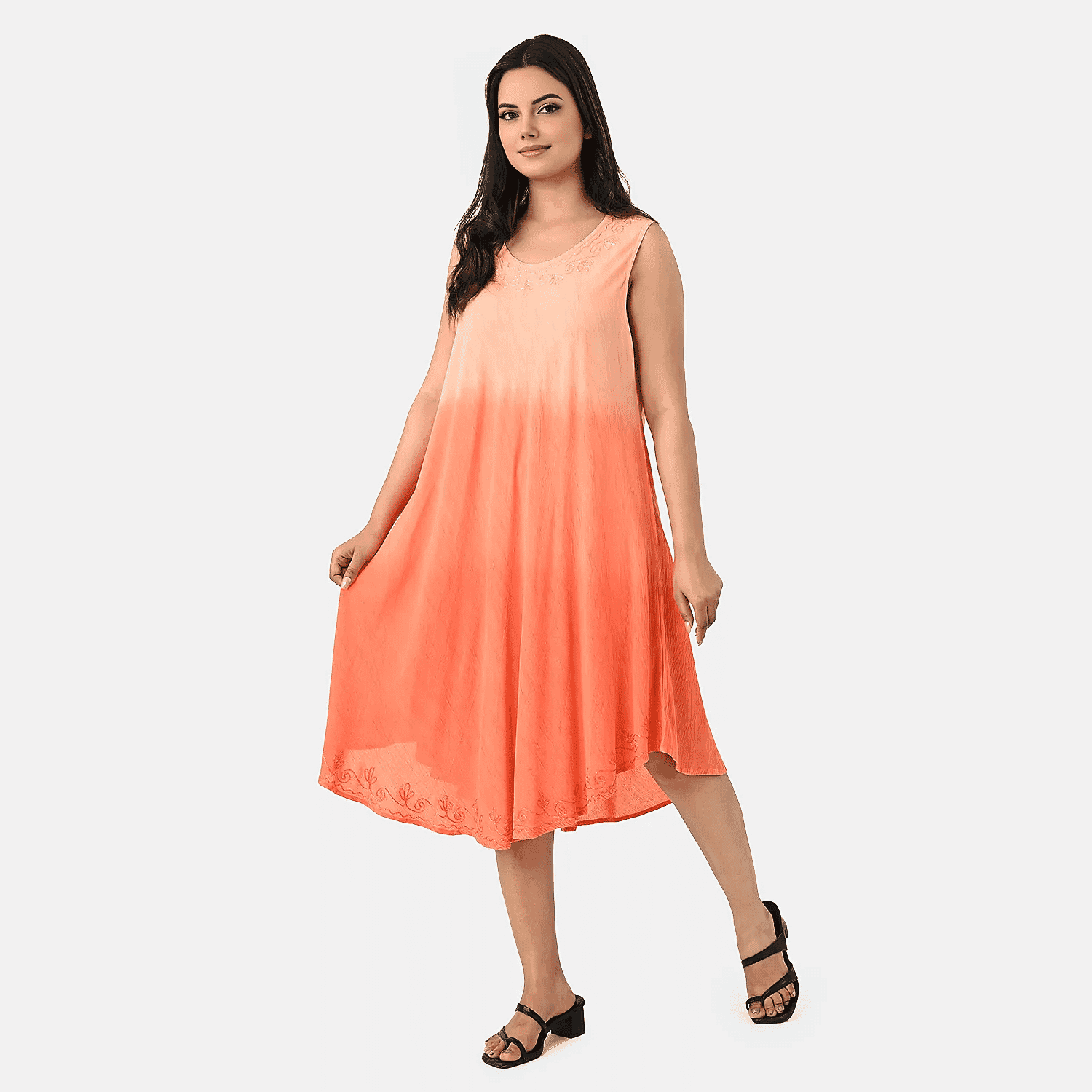 La Marey Ombre Tie Dye Umbrella Dress with Embroidered Neck & Hem (One Size, 10-22) - Coral