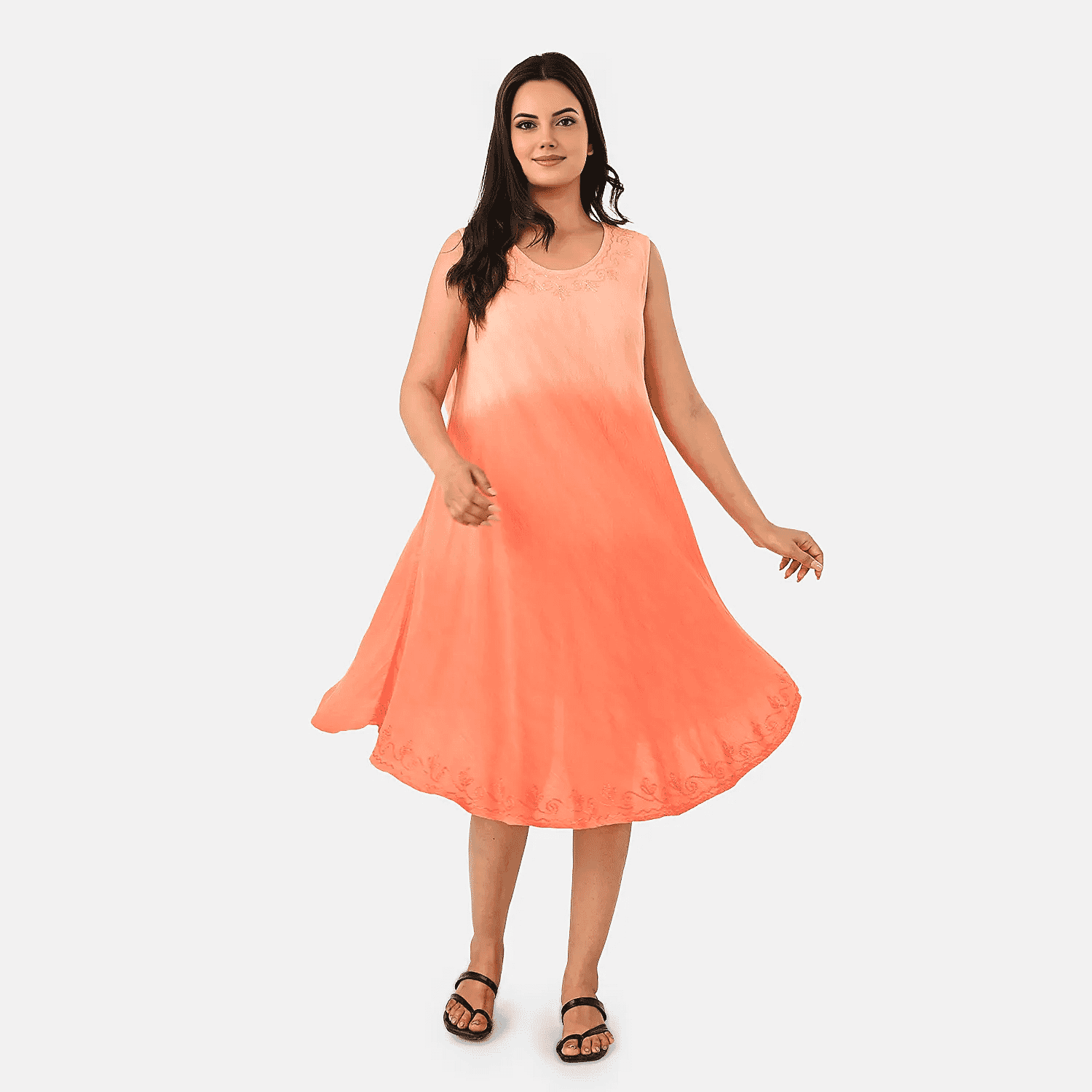 La Marey Ombre Tie Dye Umbrella Dress with Embroidered Neck & Hem (One Size, 10-22) - Coral