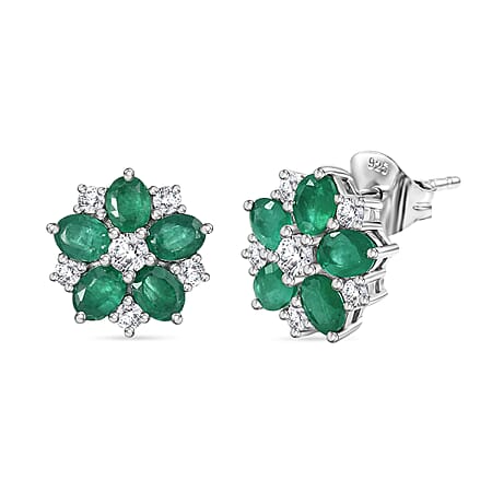 LUXURIANT AAA Gemfields Zambian Emerald, Lab Grown Diamond Floral Stud Earring with Push Back in Rhodium Overlay Sterling Silver 1.94 Ct.