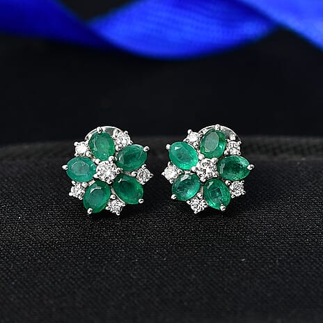 Luxuriant AAA Gemfields Zambian Emerald & SI-GH Lab Grown Diamond Floral Stud Earring with Push Back in Rhodium Overlay Sterling Silver 1.94 Ct.