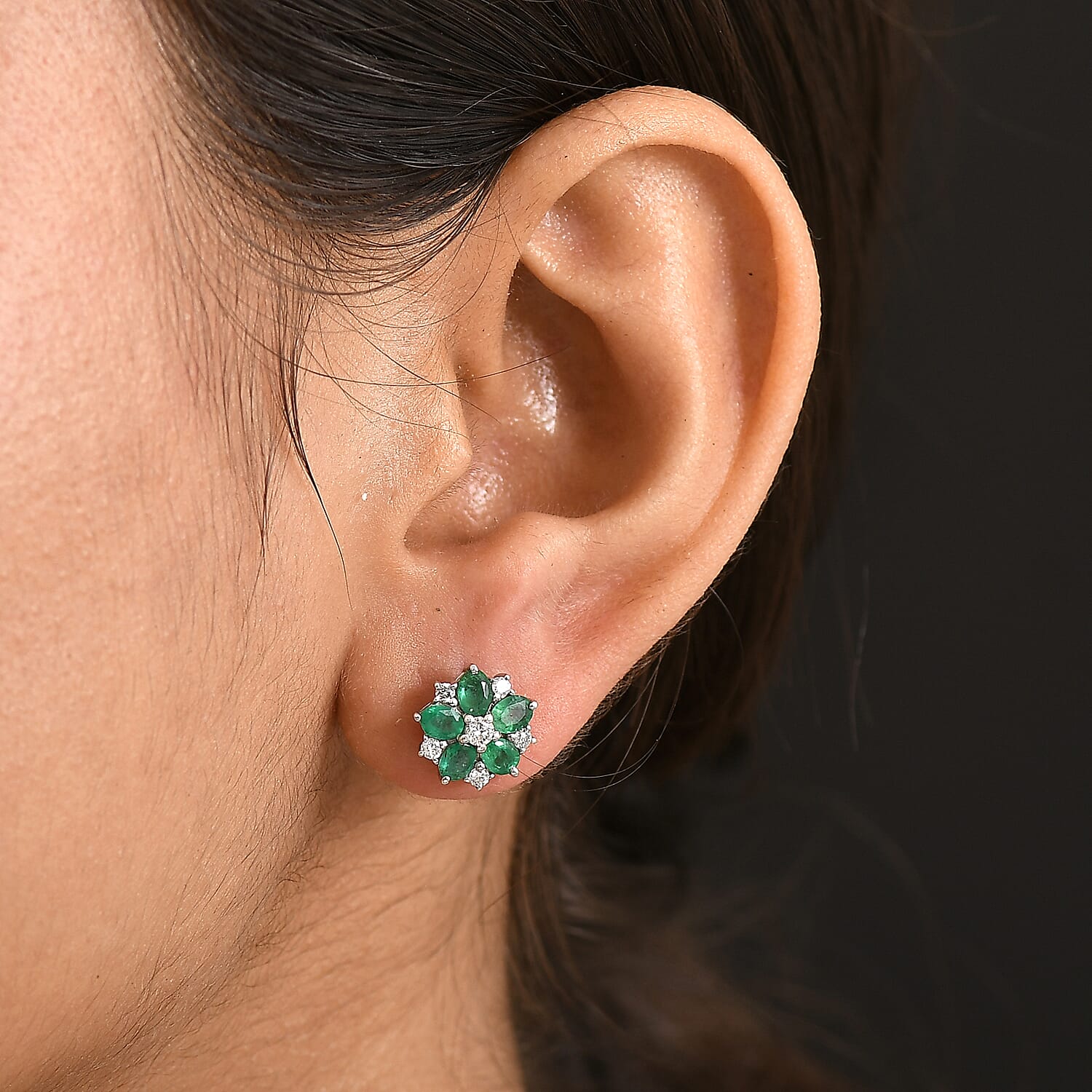 Luxuriant AAA Gemfields Zambian Emerald & SI-GH Lab Grown Diamond Floral Stud Earring with Push Back in Rhodium Overlay Sterling Silver 1.94 Ct.