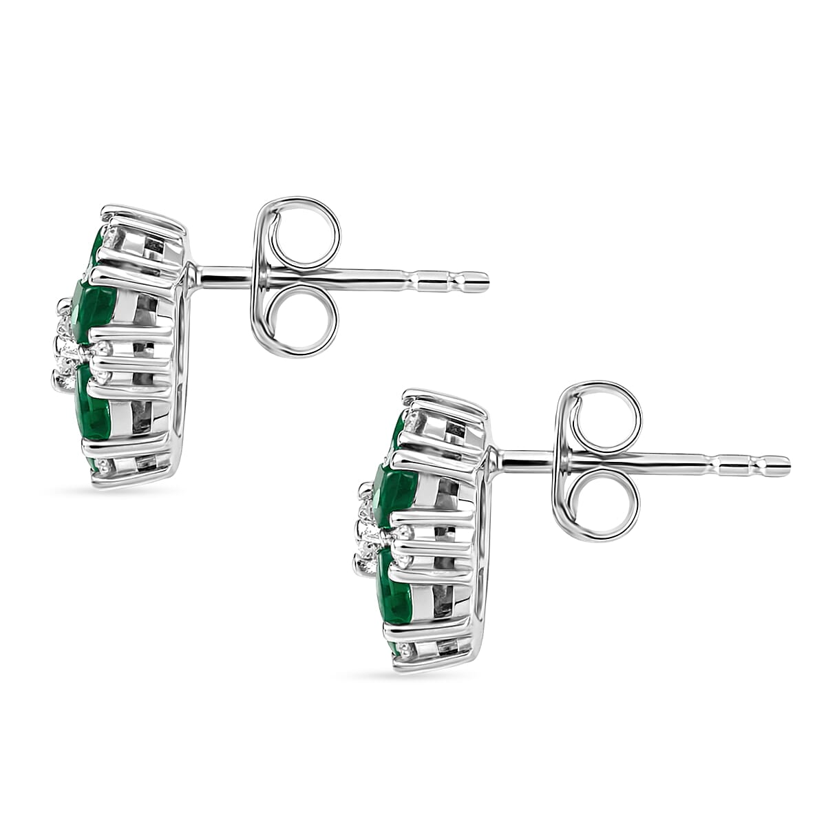Luxuriant AAA Gemfields Zambian Emerald & SI-GH Lab Grown Diamond Floral Stud Earring with Push Back in Rhodium Overlay Sterling Silver 1.94 Ct.
