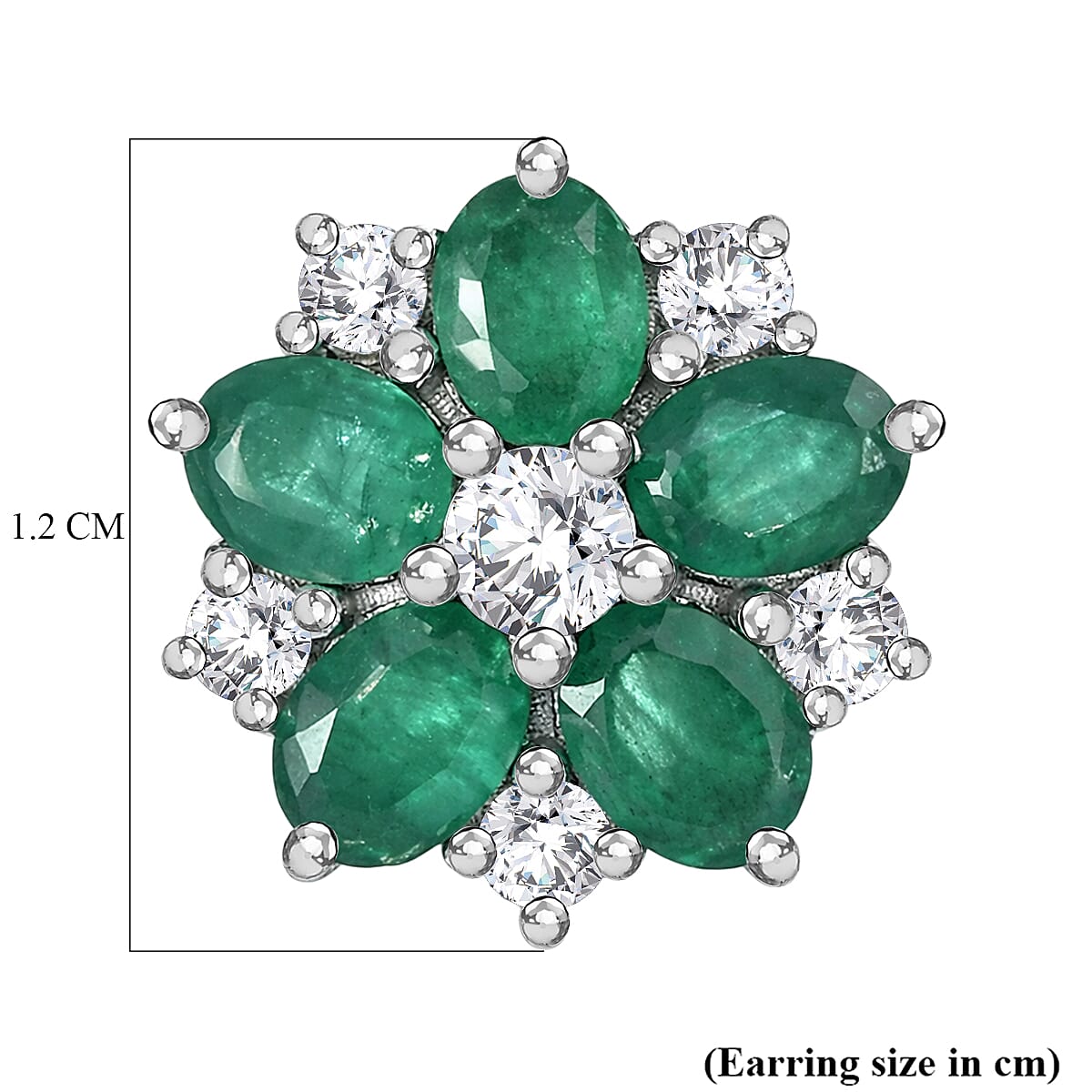 Luxuriant AAA Gemfields Zambian Emerald & SI-GH Lab Grown Diamond Floral Stud Earring with Push Back in Rhodium Overlay Sterling Silver 1.94 Ct.