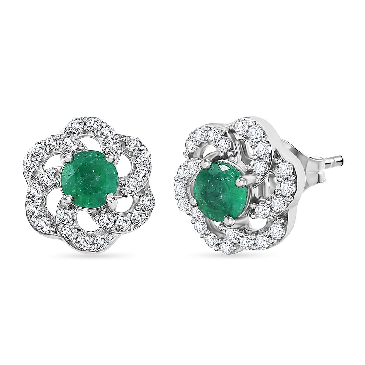 D'Joy AAA Gemfields Zambian Emerald & White Zircon Floral Stud Earring with Push Back in Rhodium Overlay Sterling Silver 1.08 Ct.