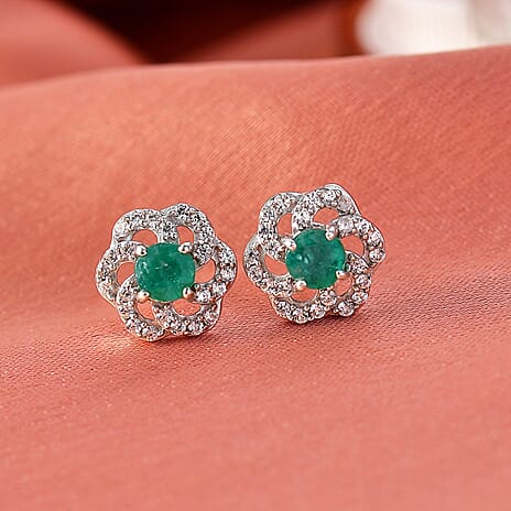 D'Joy AAA Gemfields Zambian Emerald & White Zircon Floral Stud Earring with Push Back in Rhodium Overlay Sterling Silver 1.08 Ct.